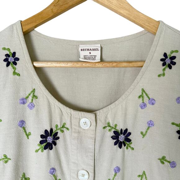 Vintage 90s 100% Cotton Embroidered Short Sleeve Midi Dress w/ Pockets Cream, S - Picture 3 of 14